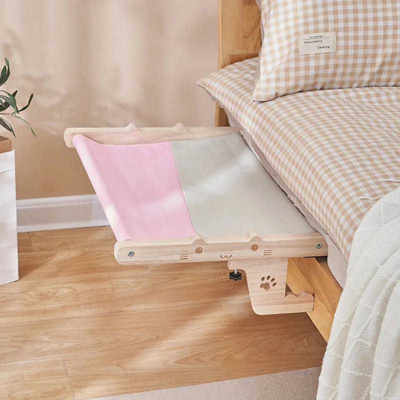 Wooden frame cat hammock bed hanging on a window, suitable for cats and small dogs.