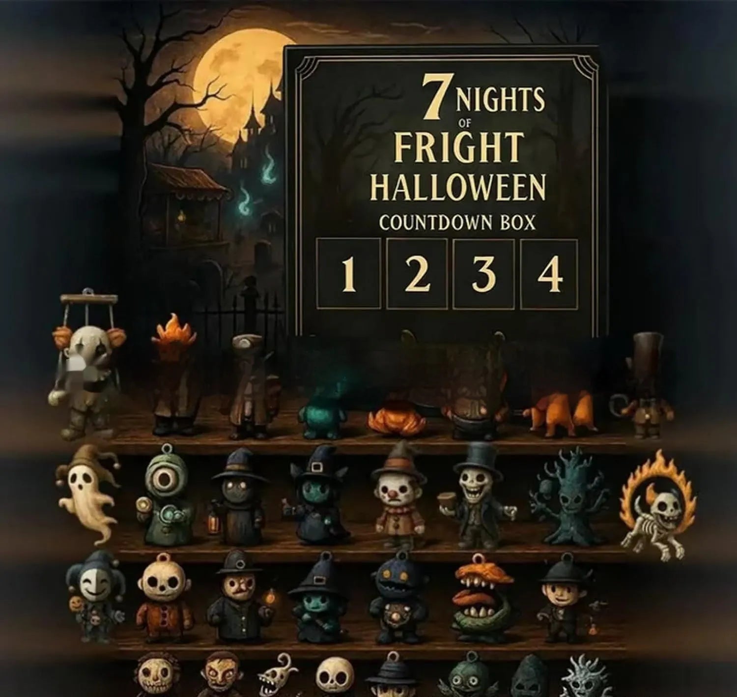 Halloween horror advent calendar blind box with window showing resin doll figure inside.