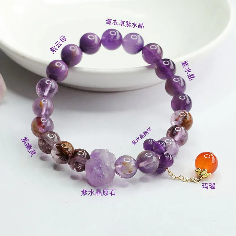 Natural nine purple amethyst and red agate Mori style crystal bracelet with 8mm beads