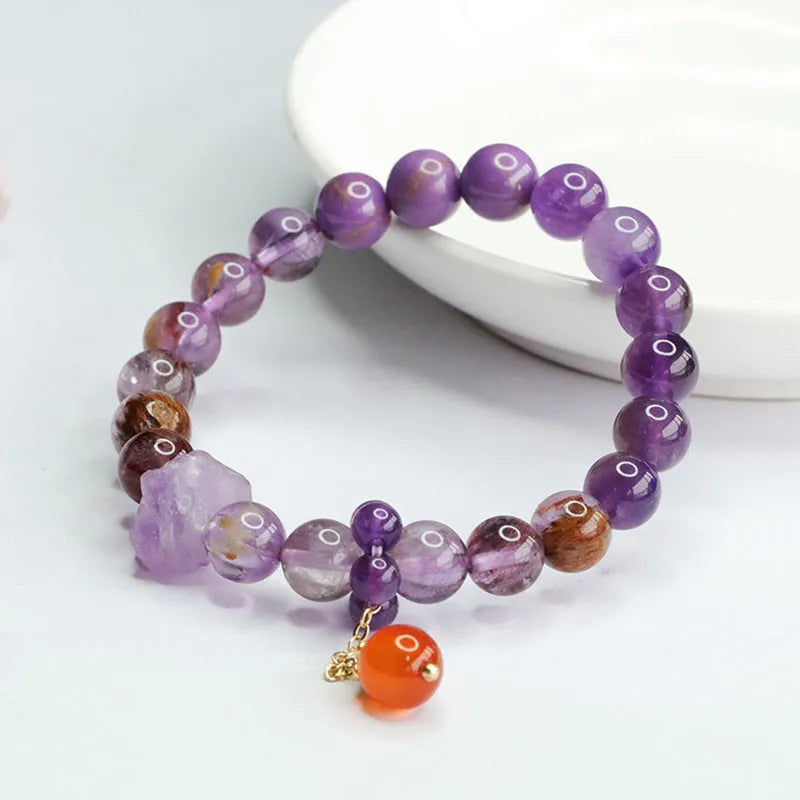 Natural nine purple amethyst and red agate Mori style crystal bracelet with 8mm beads