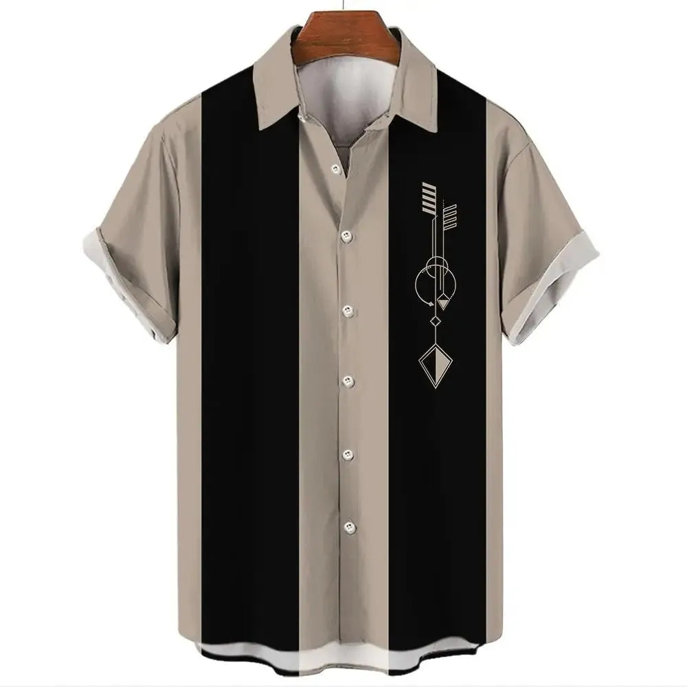 Men's striped Hawaiian shirt with button front and short sleeves in stretch elastic fabric