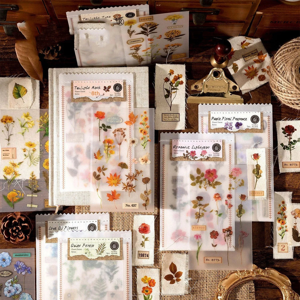 Huazhisen series printable sticker pack with forest and floral art designs on 85mm by 180mm sheets.
