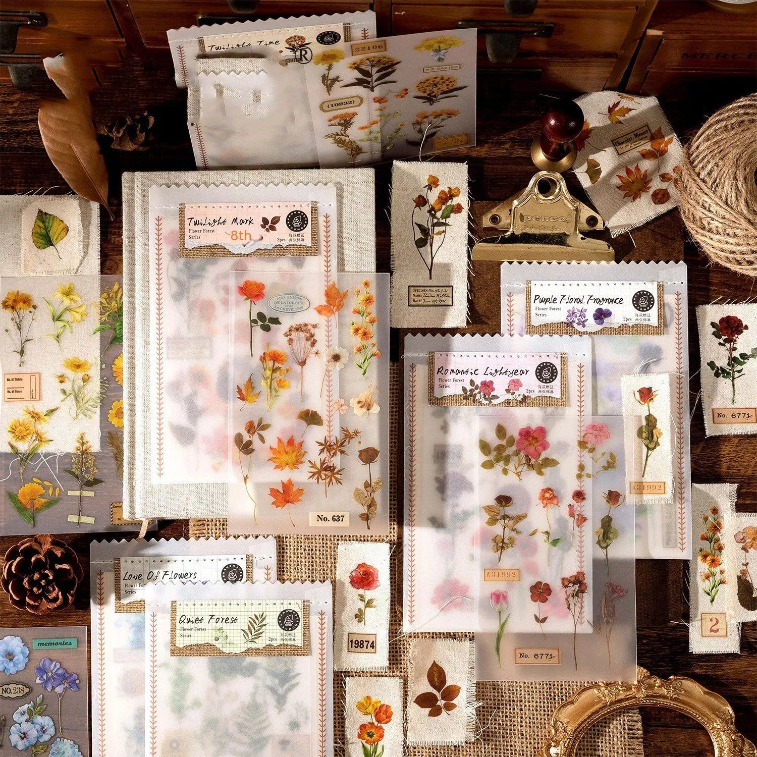 Huazhisen series printable sticker pack with forest and floral art designs on 85mm by 180mm sheets.