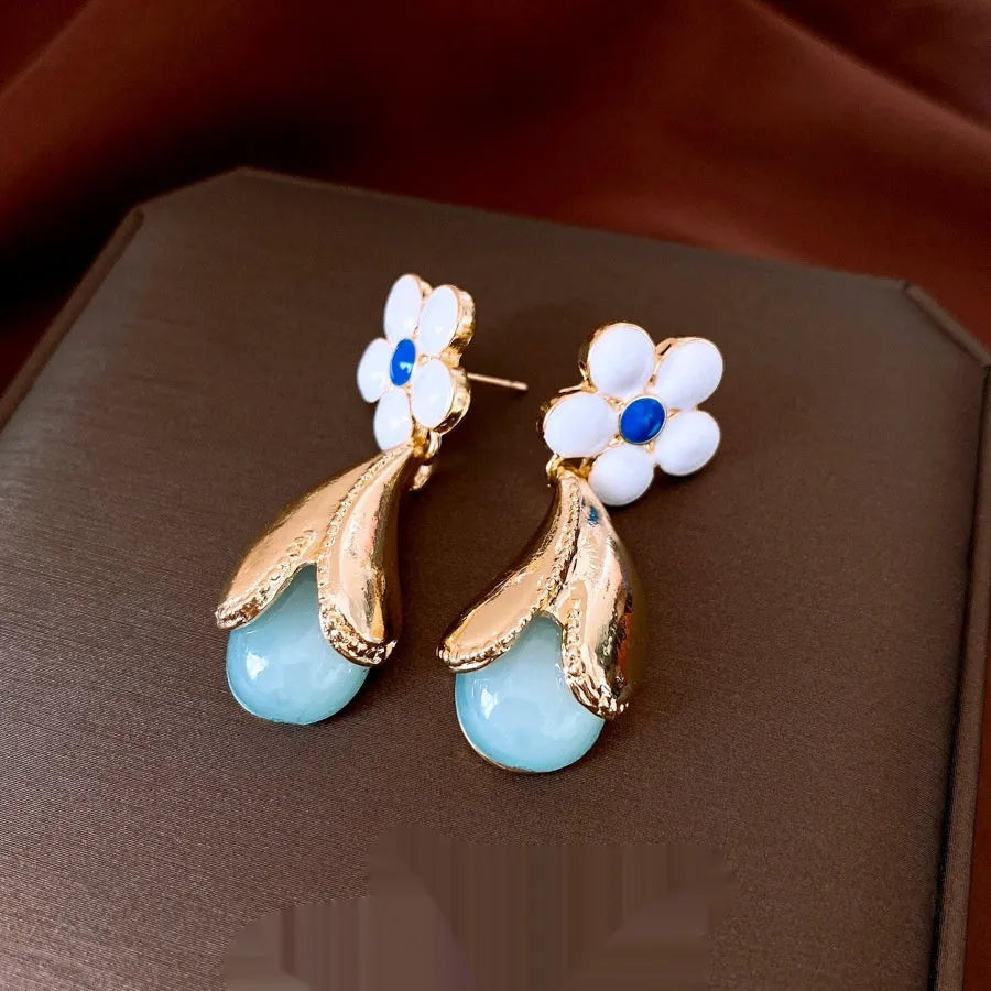 Glass flower earrings retro Chinese style dropping oil finish women all-match silver needle gold colour