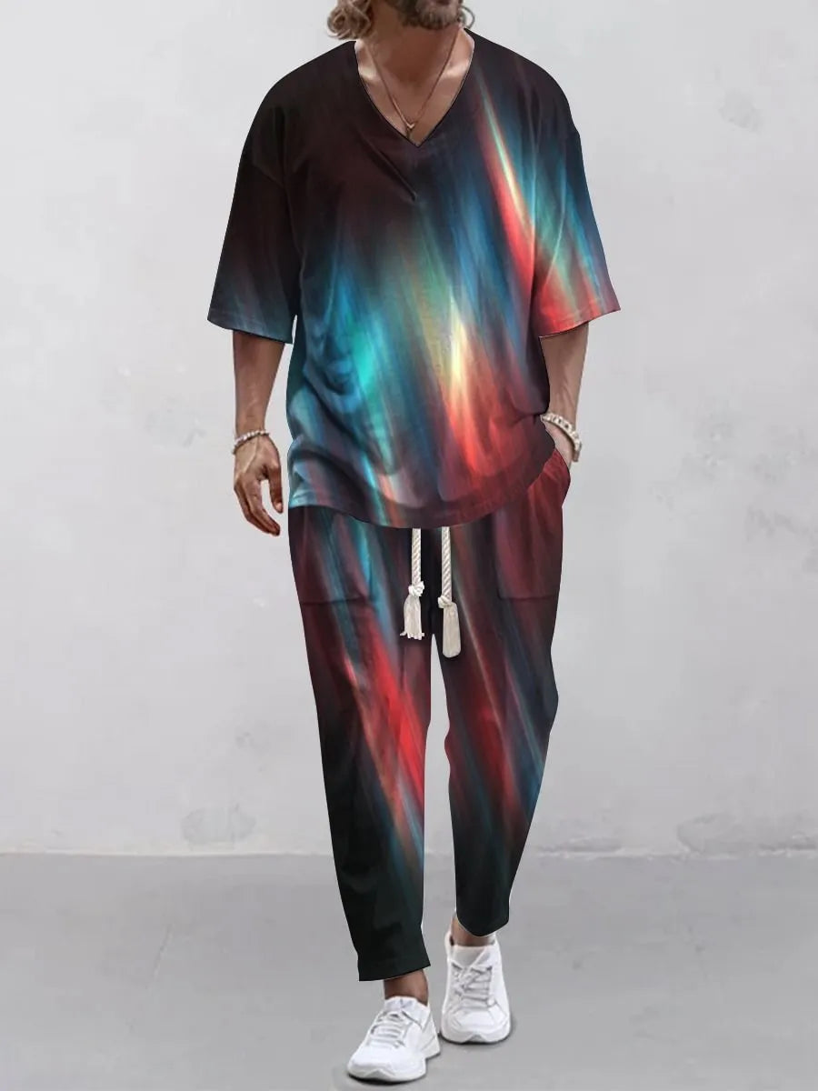 Man's thin polyester tracksuit set with V-neck cropped sleeve jacket and matching trousers