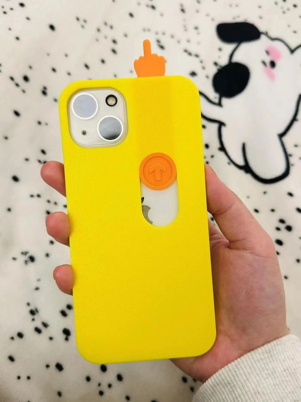 Bright yellow 3D printed sliding middle finger phone case for iPhone 14 Pro Max with spoof mechanism visible