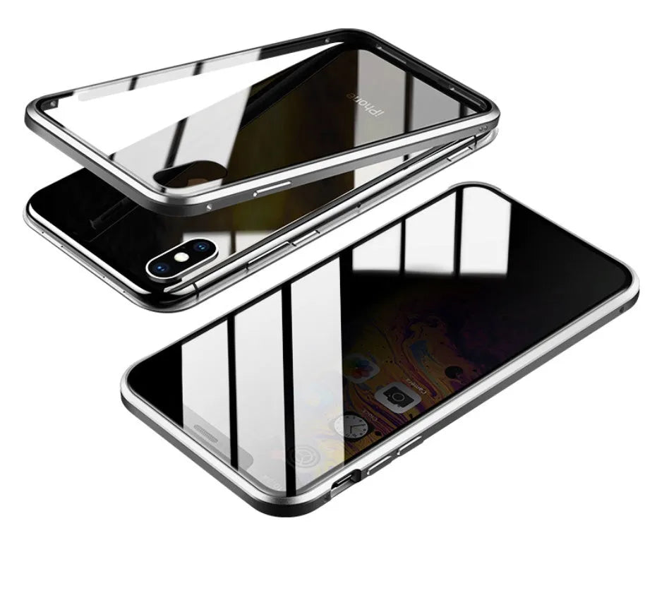 Glass anti-spy phone case with closed clamshell design showing geometric styling