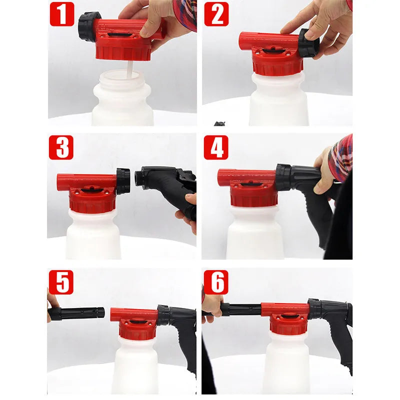 Blue high pressure garden spray gun for watering flowers and pesticides on a white background.
