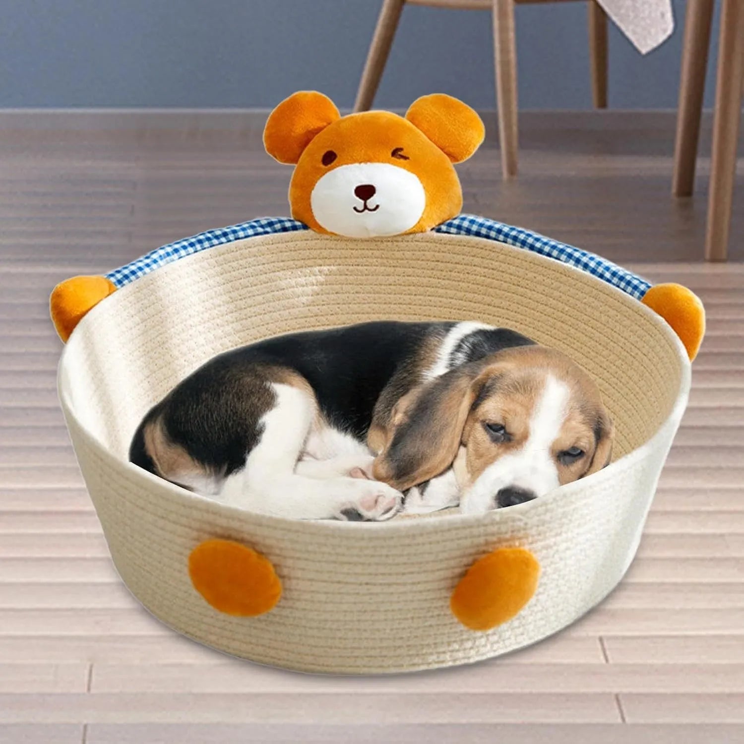 Woven cotton rope cat bed with scratching surface in Bear design, shown in medium size.