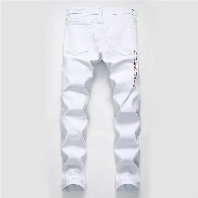 White shredded embroidery jeans for women cotton denim straight leg ankle length high waist distressed pants