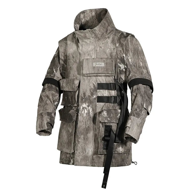 Loose fit camouflage jacket in grey, standing collar, long sleeves, multi pockets, polyester fabric