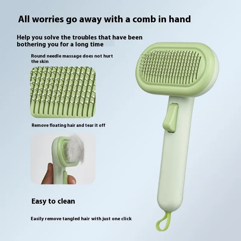 Large light grey pet hair removal comb with stainless steel blade and one-click button.