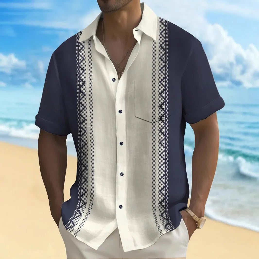 Multicolour printed men's leisure shirt with loose fit cardigan style on hanger