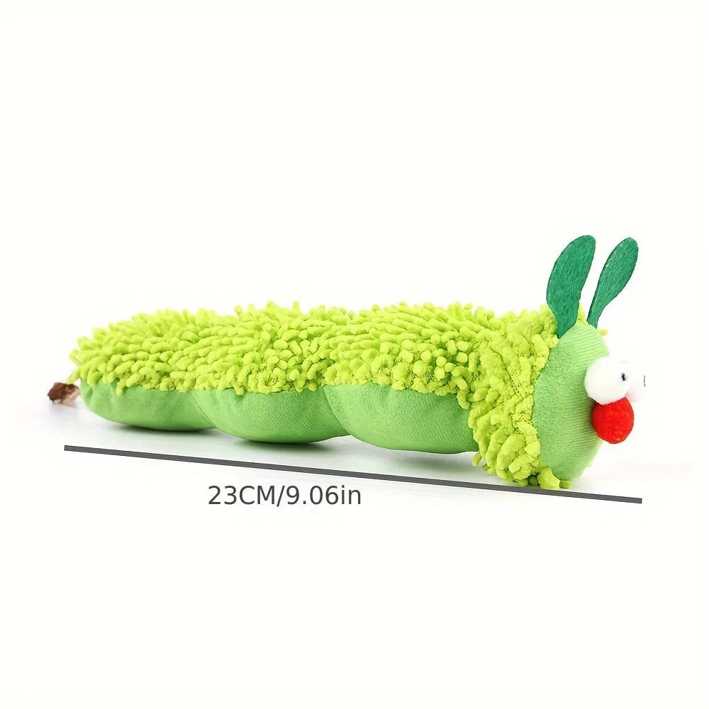 Green interactive rechargeable plush cat toy pillow measuring 24cm long