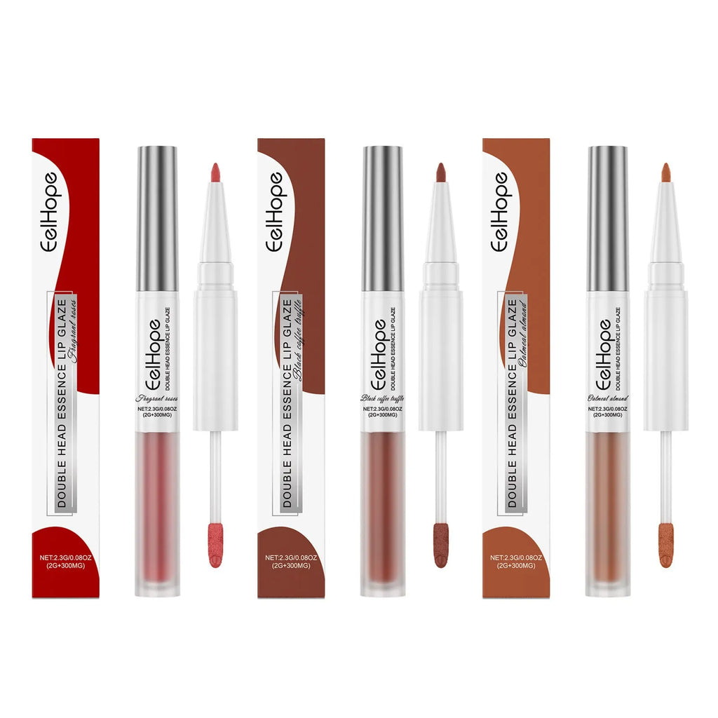Double-headed lip liner and lip lacquer pen in a choice of three colours.