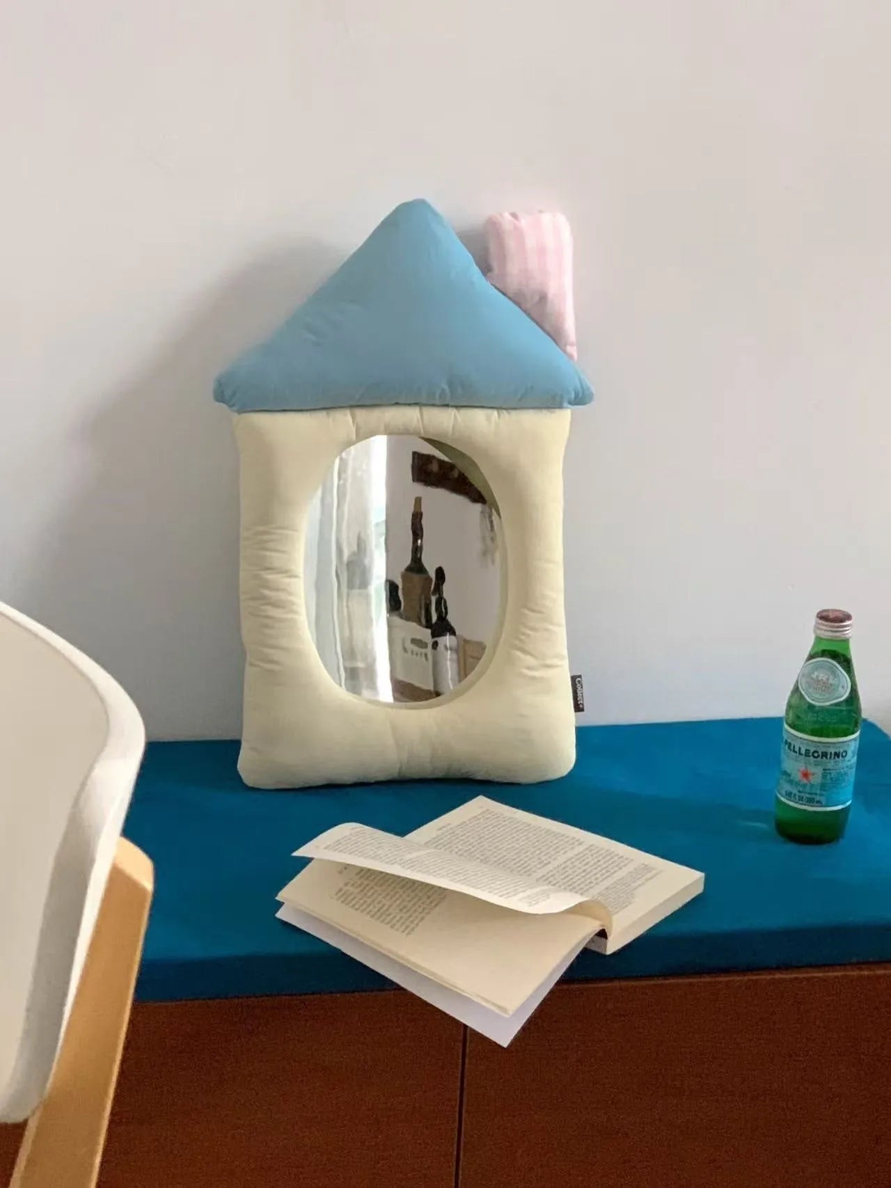 Korean-style decorative mirror with soft fabric pillow frame and aluminium reflective surface