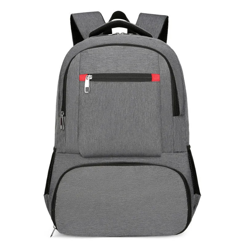 Oxford cloth insulated picnic backpack with curved straps, shown in light grey colour with pull rod belt attached.