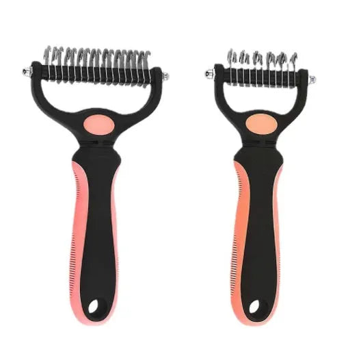Stainless steel pet knot opening comb with double-sided blades in blue, small size 17x7cm