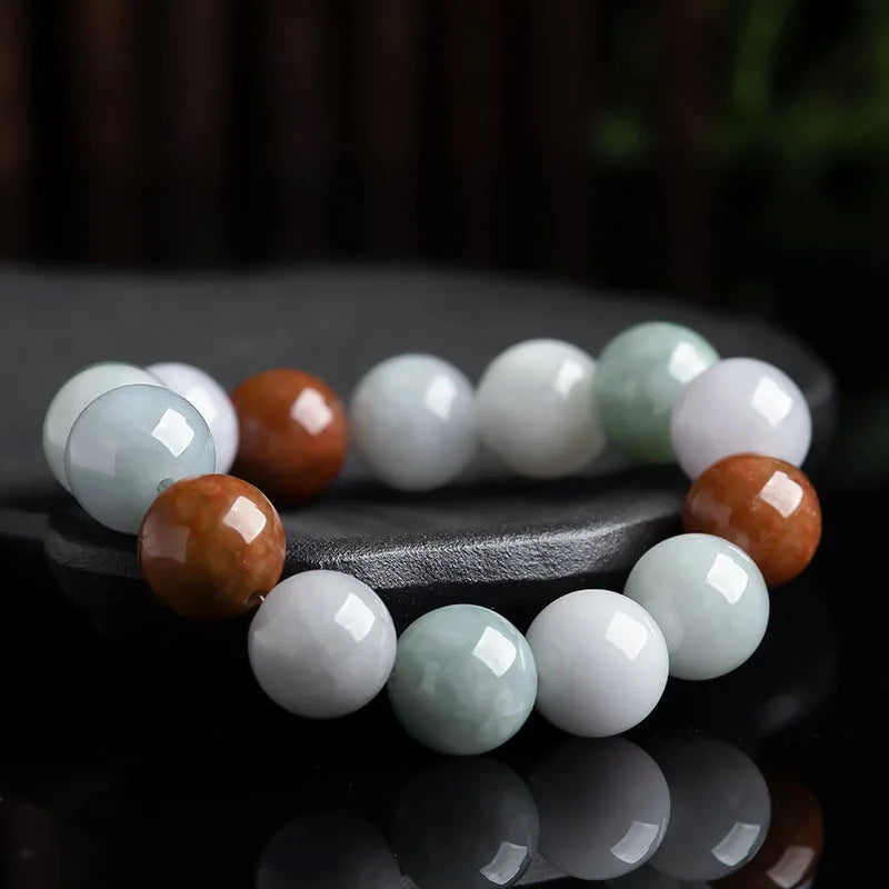 Women's jade bracelet with three colours, 13mm round beads, certificate included