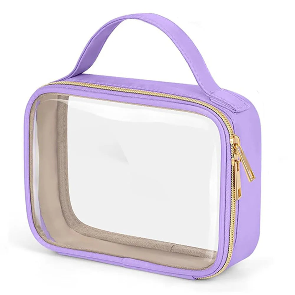 Clear PVC wash bag with chain handle for lipstick storage, shown in leopard print colour.