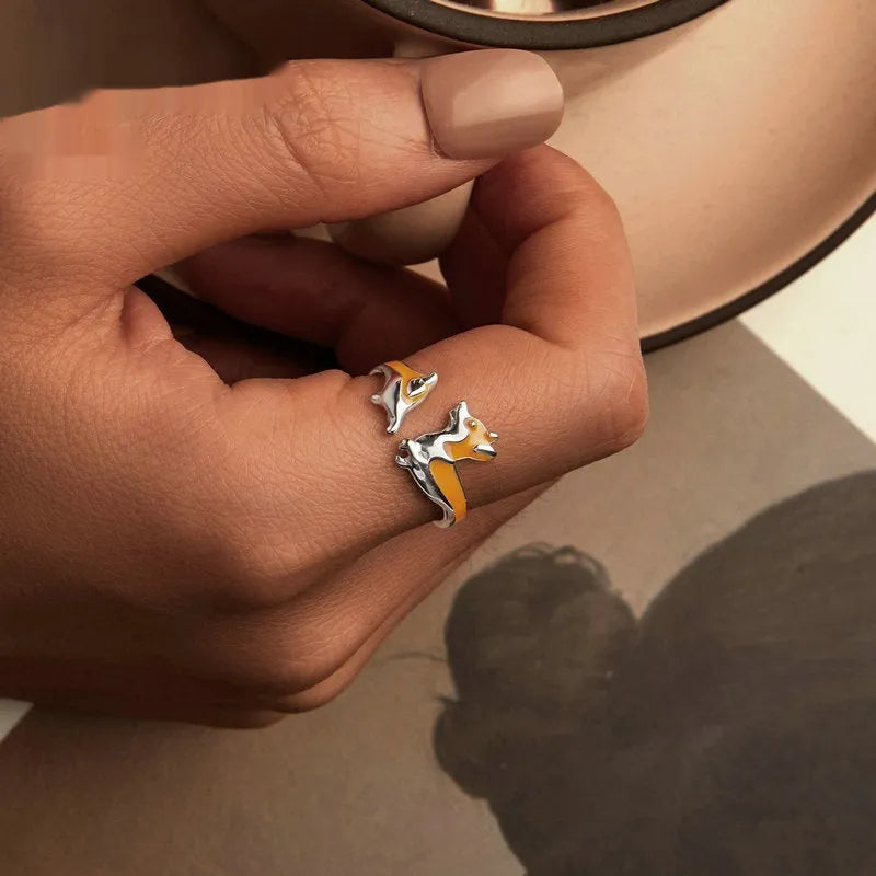 Silver ring featuring a cute cartoon corgi dog design with electroplated SCR1014-E colour finish.