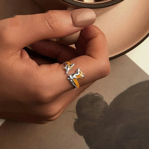 Silver ring featuring a cute cartoon corgi dog design with electroplated SCR1014-E colour finish.