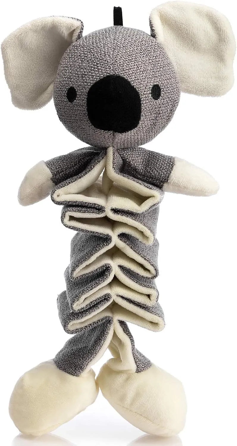 Grey koala plush dog toy measuring 30cm with visible stitching and plush limbs.