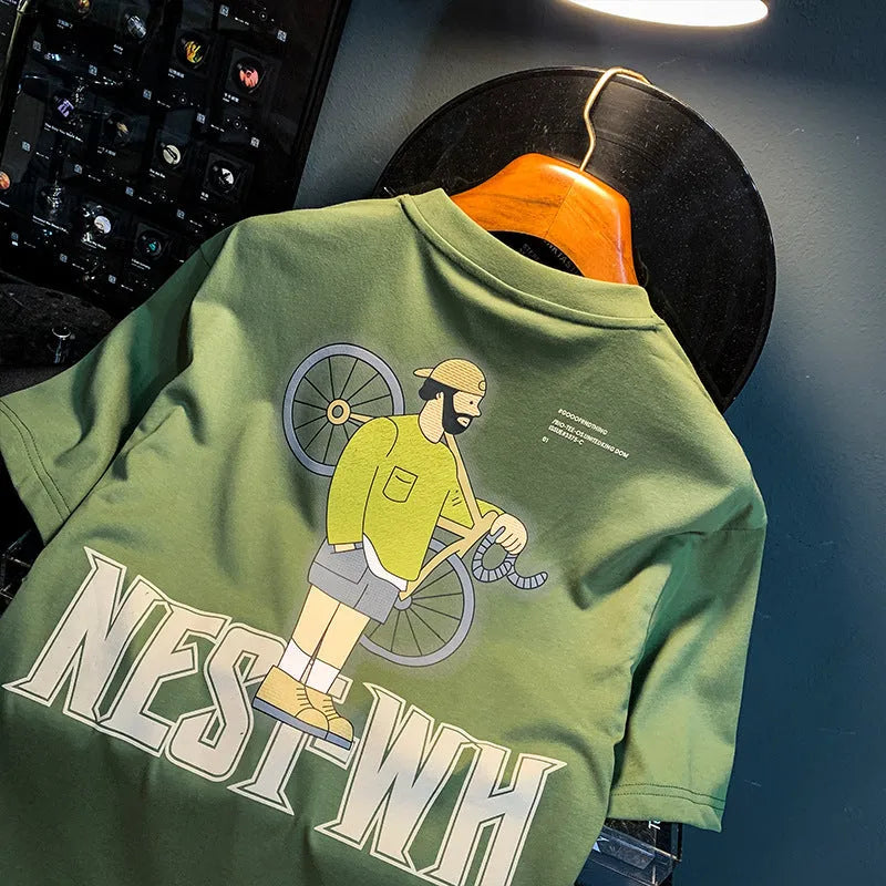 Green loose fit men's t-shirt with a trendy literary youth print on the front.