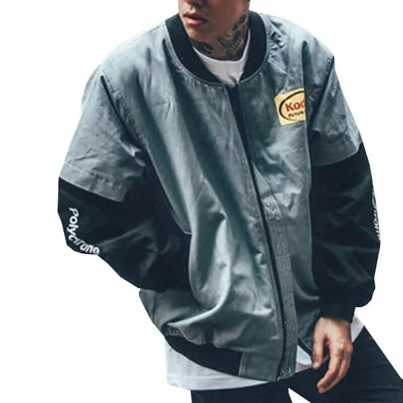 Hip hop style unisex cotton baseball jacket in grey with round neck and side slit pockets