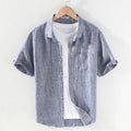 Men's short sleeve linen shirt with square collar in raw jute colour