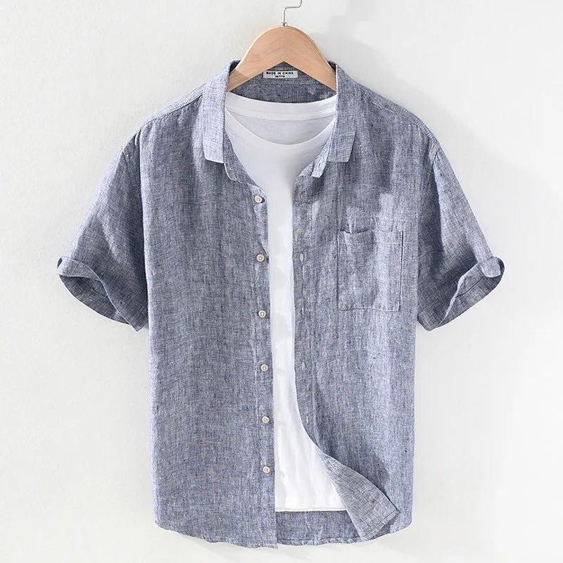 Men's short sleeve linen shirt with square collar in raw jute colour