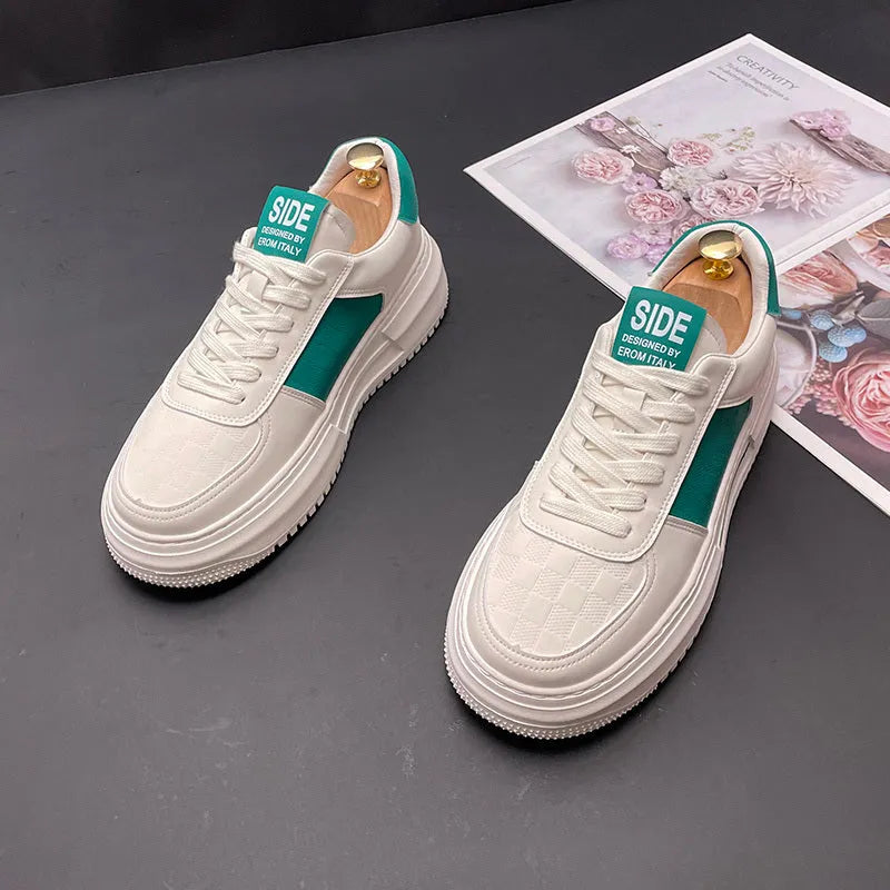 Casual unisex shoes in white with black or green accents, cloth upper with rubber foam sole