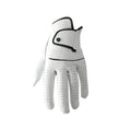 Men's white golf glove with half sheepskin palm for non-slip grip.