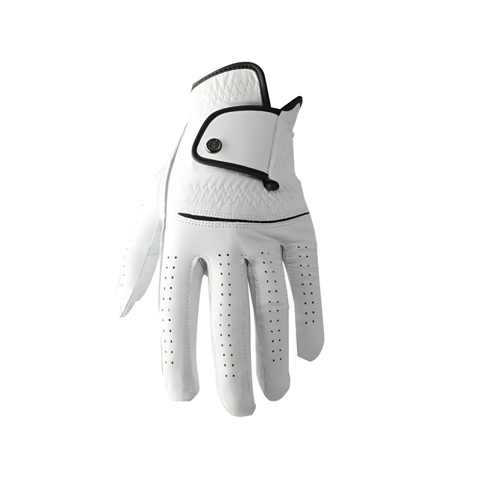 Men's white golf glove with half sheepskin palm for non-slip grip.