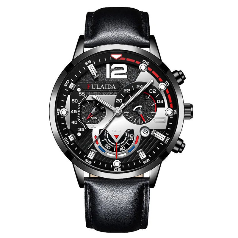 Men's casual quartz watch with genuine leather strap, rose gold buckle, 37mm dial and calendar display
