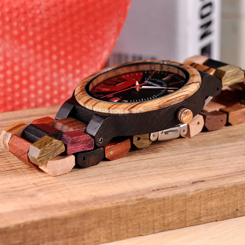 BOBO BIRD Q13 men's wooden watch black red natural wood case 44mm