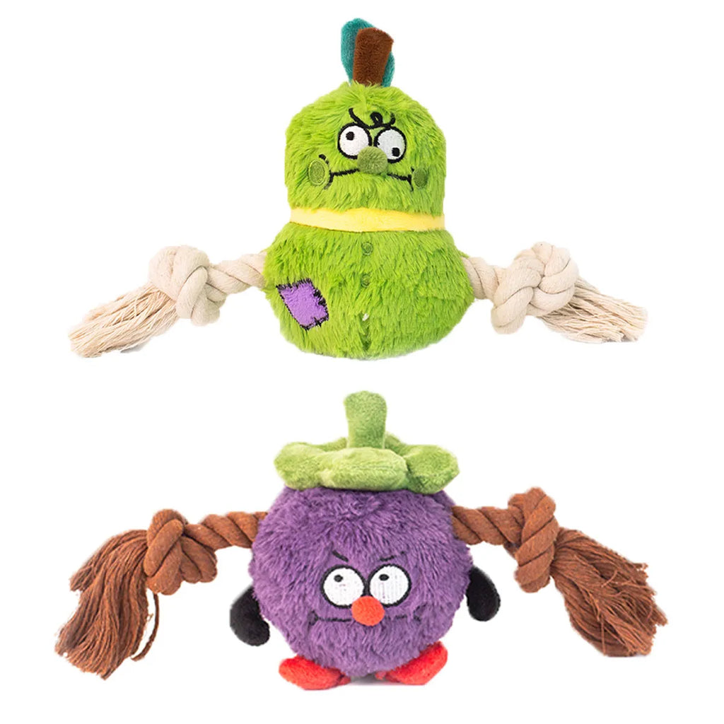 Green interactive plush rope knot dog toy shaped like a bb with molar tooth texture for tug of war.