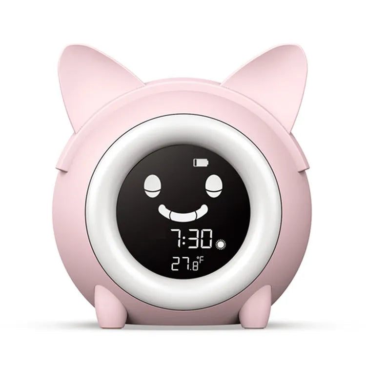 Small round plastic alarm clock with LCD number display in light blue, with alarm and thermometer functions for home or office use
