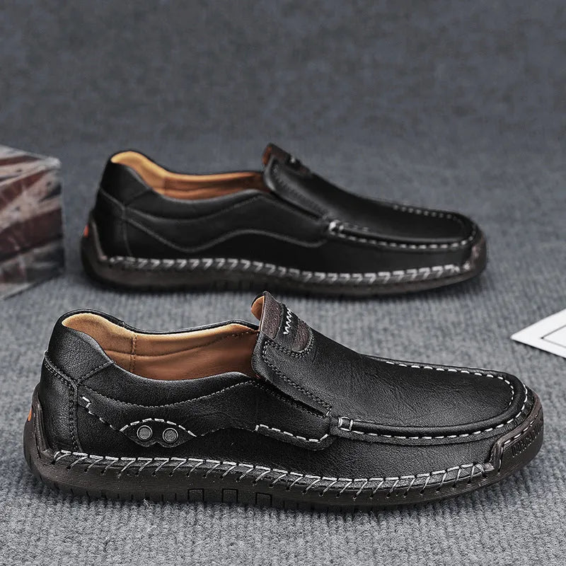 Handmade men's leather outdoor walking shoes, lace-up, flat rubber sole, available in black leather, sizes 38-48