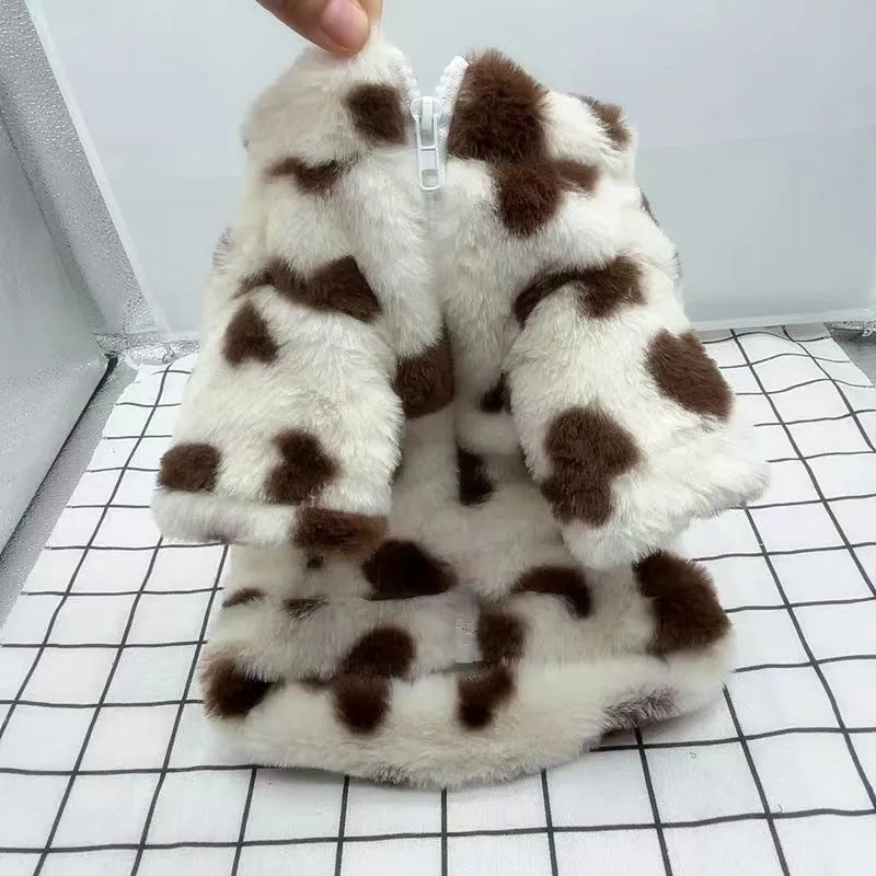 Pink polyester plush winter coat on small dog showing British-style pet clothing design