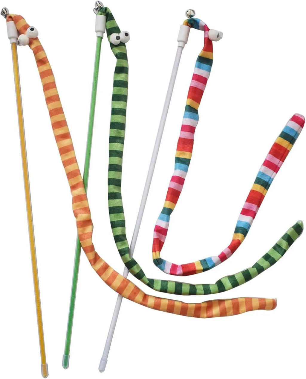 Cat wand teaser toy with polycarbonate pole and long plush strip in vivid colours