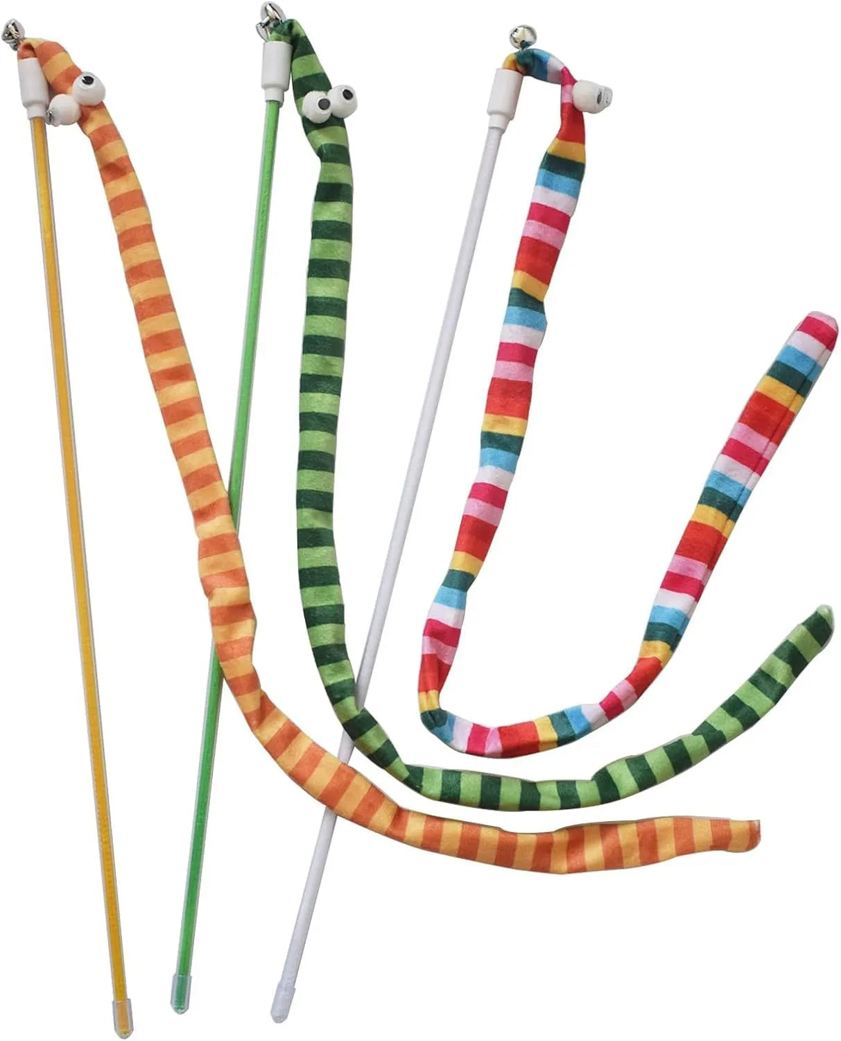 Cat wand teaser toy with polycarbonate pole and long plush strip in vivid colours