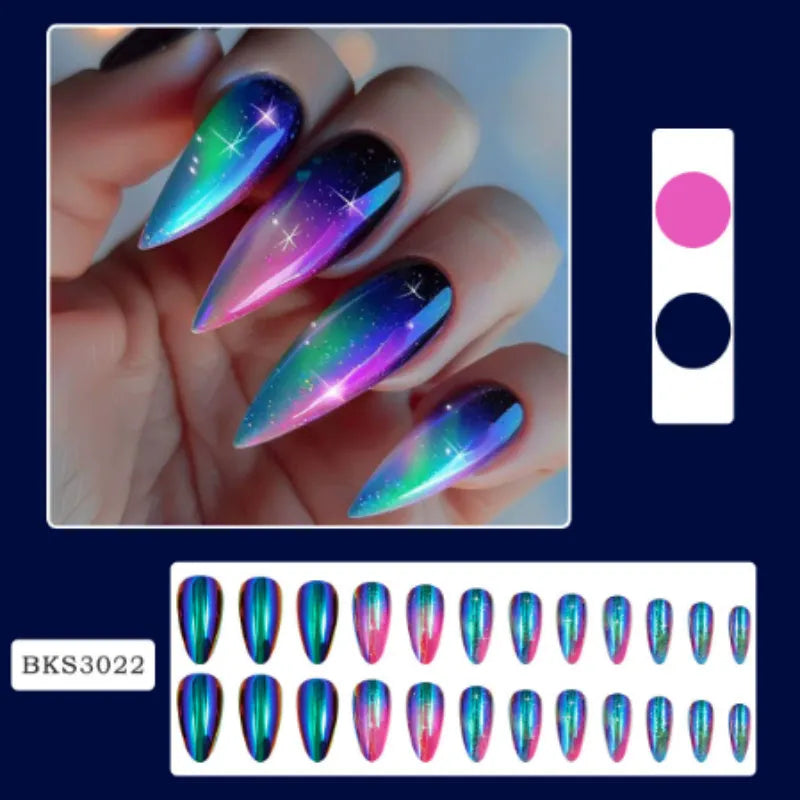 Wear Armour medium almond nail stickers in frosted French leaves, macaron, leopard print, and plating designs.
