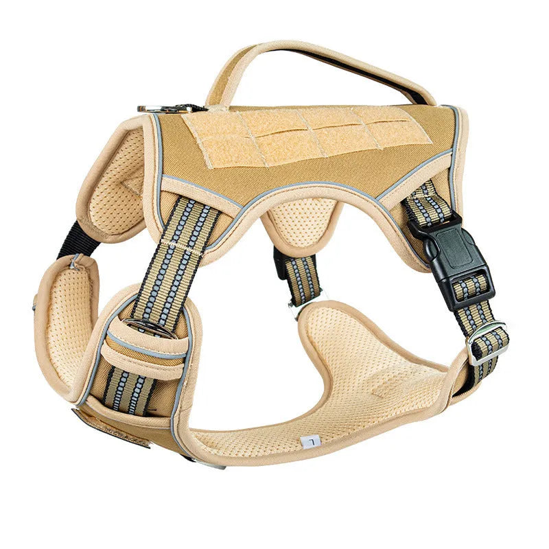 Black Oxford cloth tactical chest strap for a large search and rescue working dog.