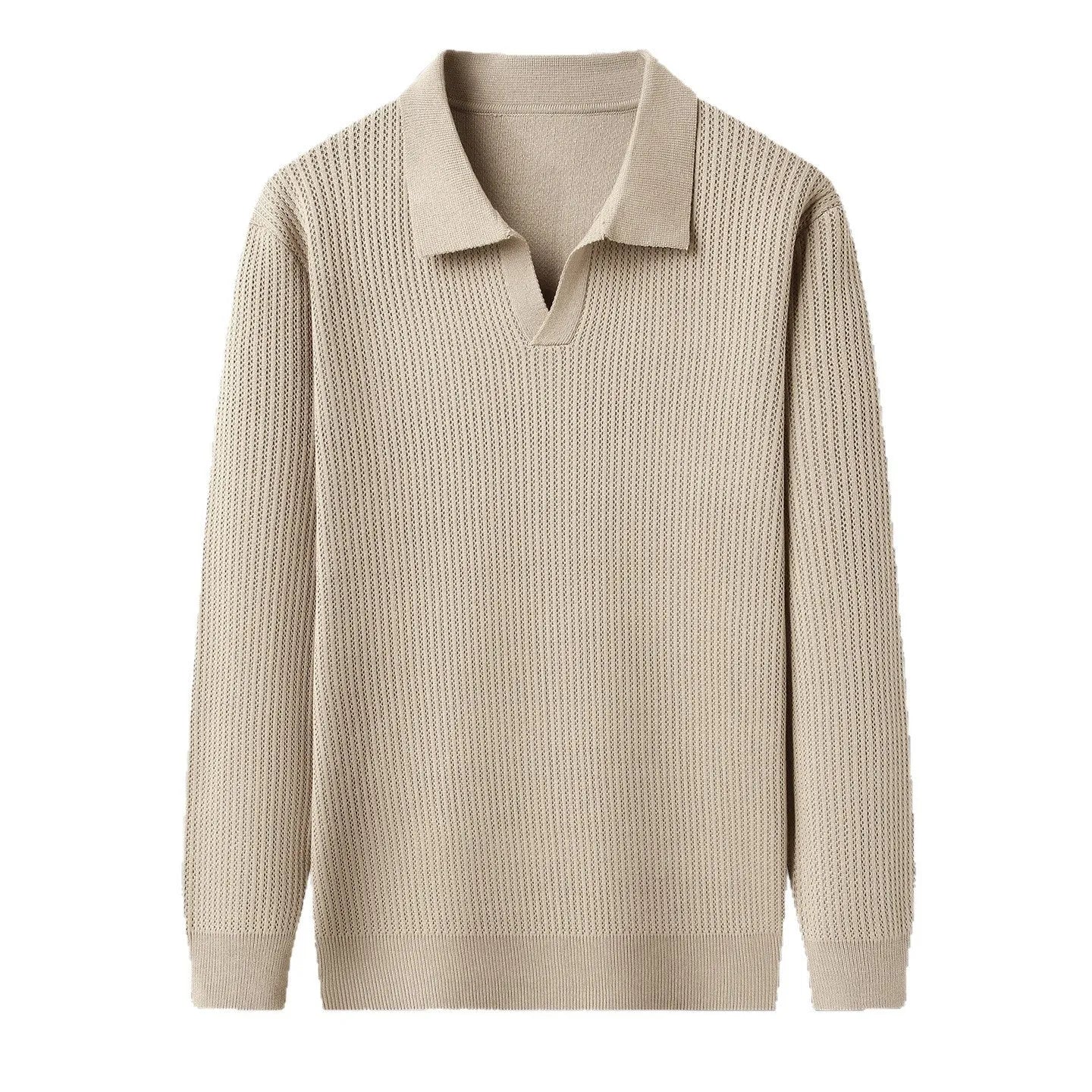 Man wearing a loose-fit camel-coloured pullover sweater, a simple casual knit for autumn.