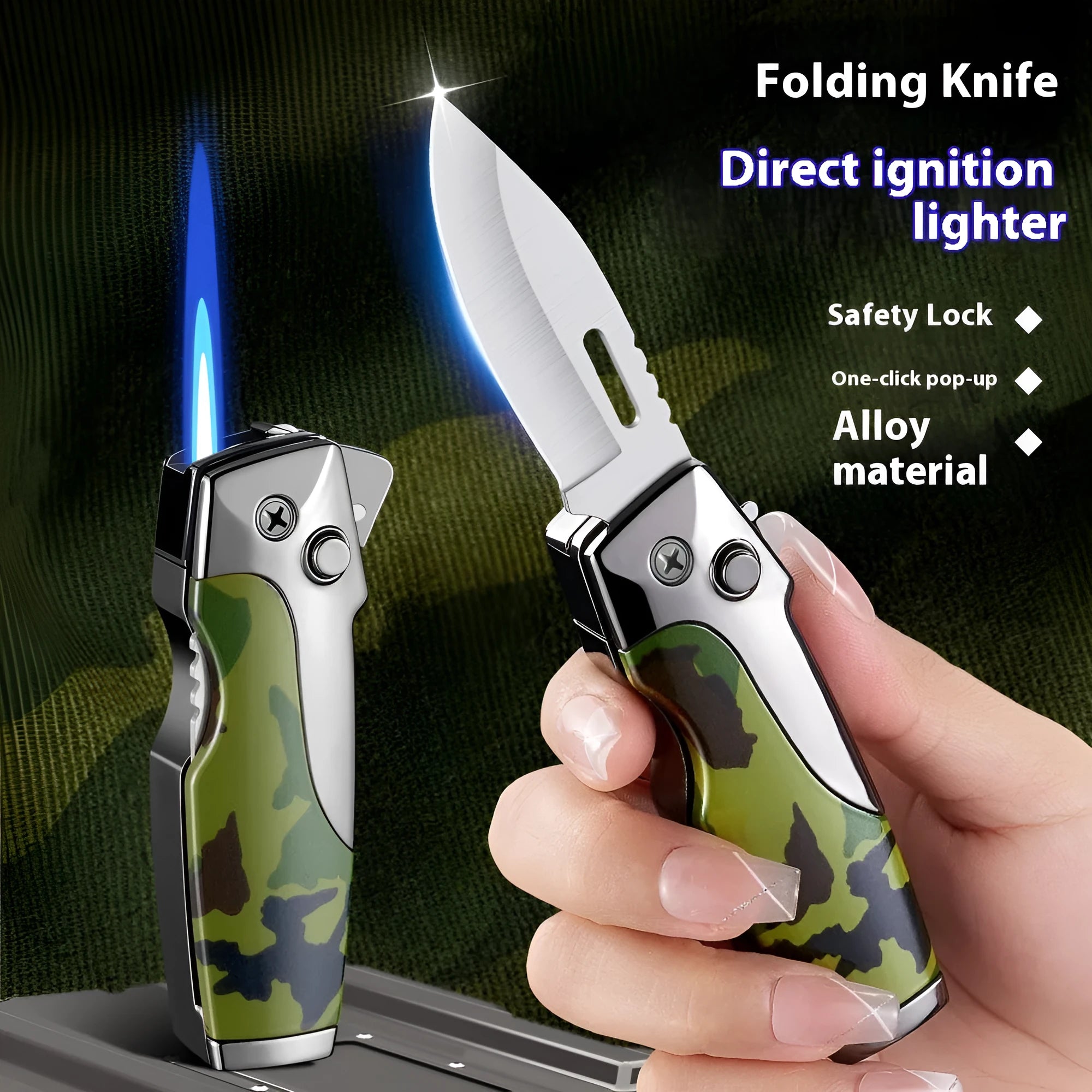 Metal folding lighter with integrated pocket knife tool in a wood grain finish.
