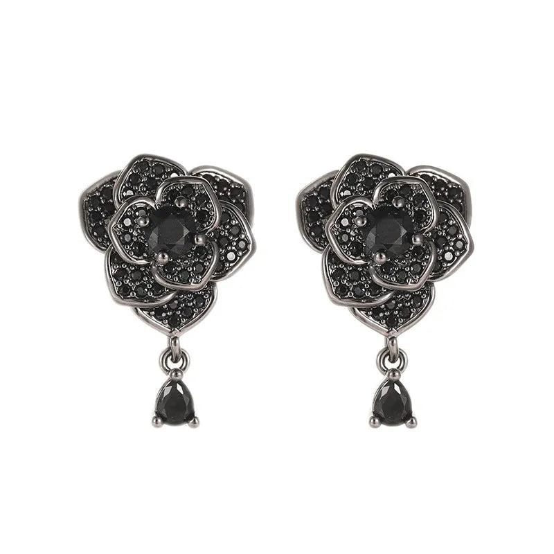 Black rose zircon flower stud earrings with 18K gold plating on copper construction