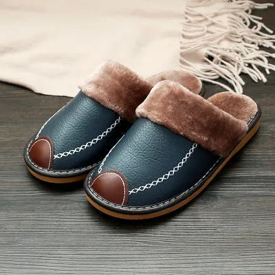 Couple cotton slippers winter home with leather surface and TPR sole in brown