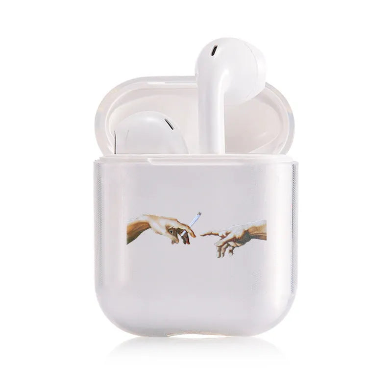 Transparent plastic AirPods protective cover case shown on Apple charging case