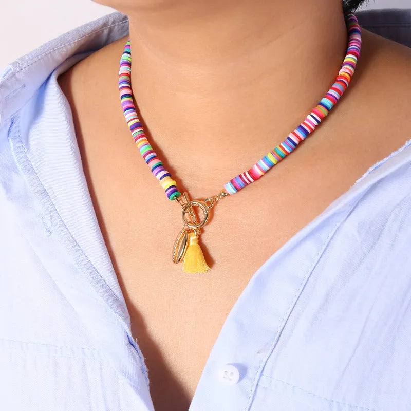 Bohemian shell necklace with tassel for women, 40cm adjustable chain, blue colour option